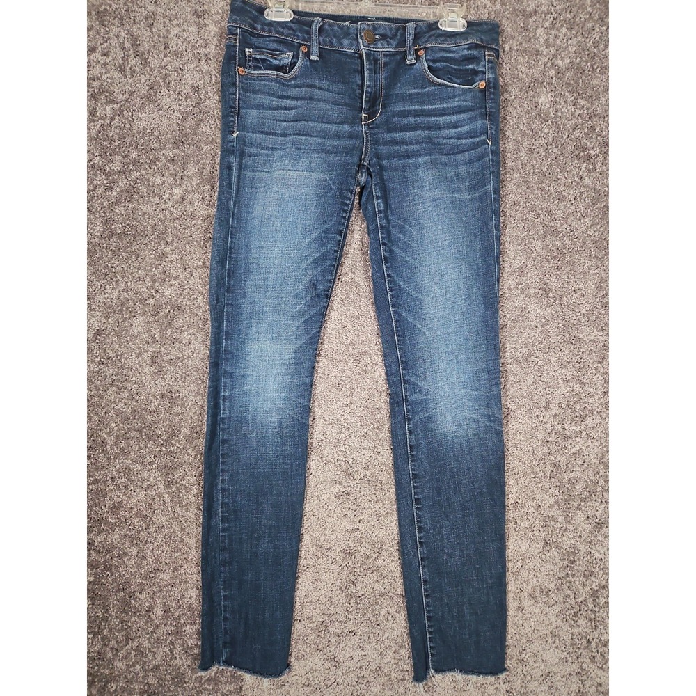 Womens American Eagle Skinny Stretch 10L Jeans Low Rise Dark Blue Frayed Bottoms